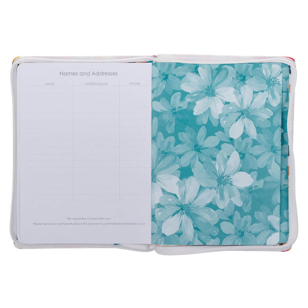 2027 Be Still and Know Large Zippered White Floral Faux Leather 18-Month Planner for Women - Psalm 46:10