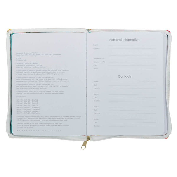 2027 Be Still and Know Large Zippered White Floral Faux Leather 18-Month Planner for Women - Psalm 46:10