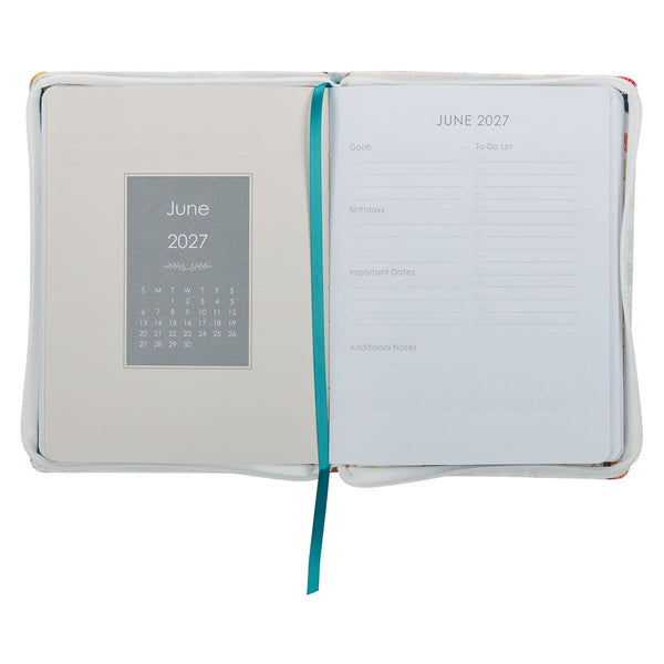 2027 Be Still and Know Large Zippered White Floral Faux Leather 18-Month Planner for Women - Psalm 46:10