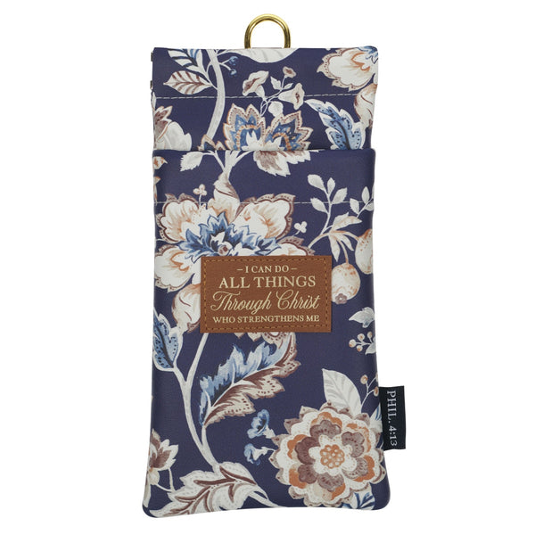 I Can Do All Things Honey-Brown and Navy Floral Faux Leather Double Eyeglass Case - Philippians 4:13 - KI Gifts Christian Supplies