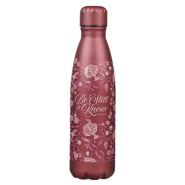 Be Still Metallic Raisin Plum Floral Stainless Steel Water Bottle - Psalm 46:10 - KI Gifts Christian Supplies