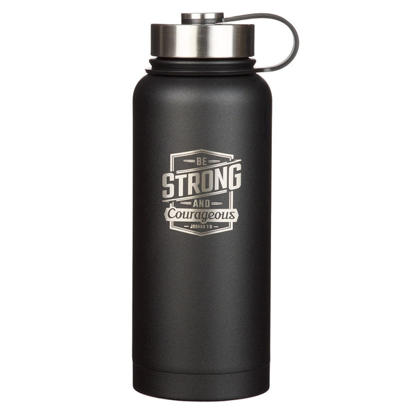 Strong and Courageous Black Stainless Steel Water Bottle - Joshua 1:9 - KI Gifts Christian Supplies