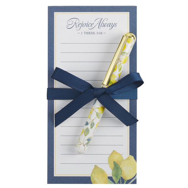 Rejoice Always Lemon Magnetic Notepad with Pen Set - 1 Thessalonians 5:16 - KI Gifts Christian Supplies