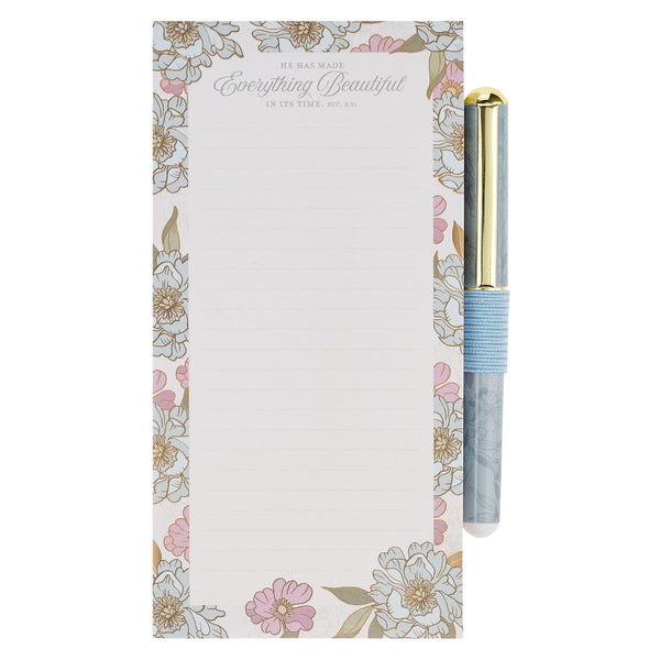 Everything Beautiful Whimsical Blooms Magnetic Notepad and Pen Gift Set - Ecclesiastes 3:11
