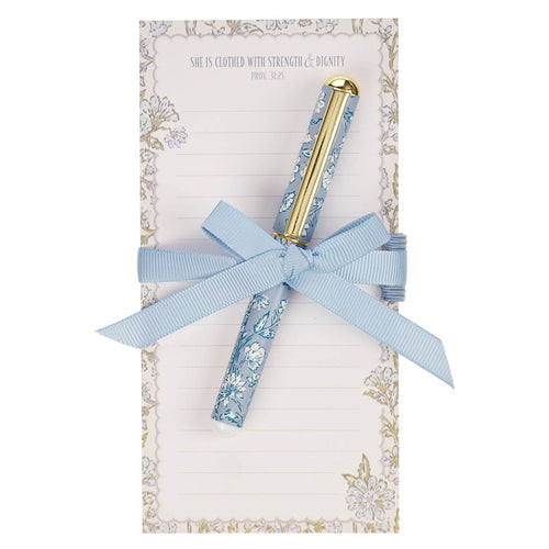 Strength and Dignity Blue Cottage Garden Magnetic Notepad and Pen Gift Set - Proverbs 31:25