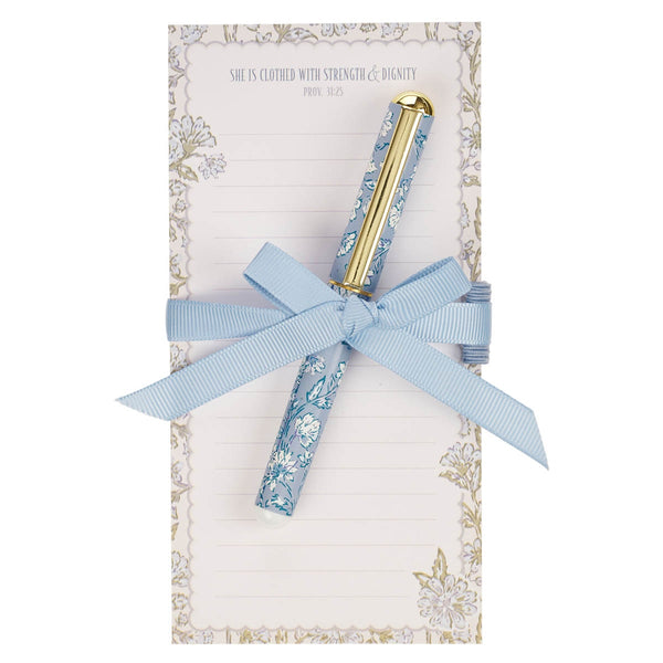 Strength and Dignity Blue Cottage Garden Magnetic Notepad and Pen Gift Set - Proverbs 31:25