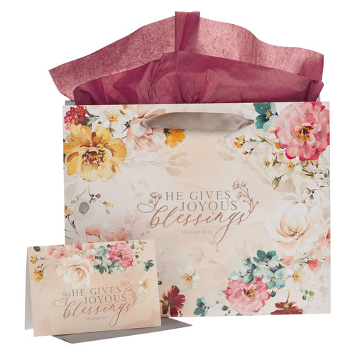 Joyous Blessings Floral Peach Large Landscape Gift Bag Set with Card - Isaiah 61:3