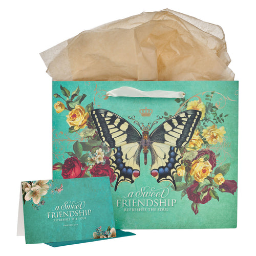 Sweet Friendship Butterfly Green Large Landscape Gift Bag with Card Set - Proverbs 27:9