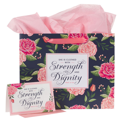Strength and Dignity Pink Rose Large Landscape Gift Bag with Card Set - Proverbs 31:25
