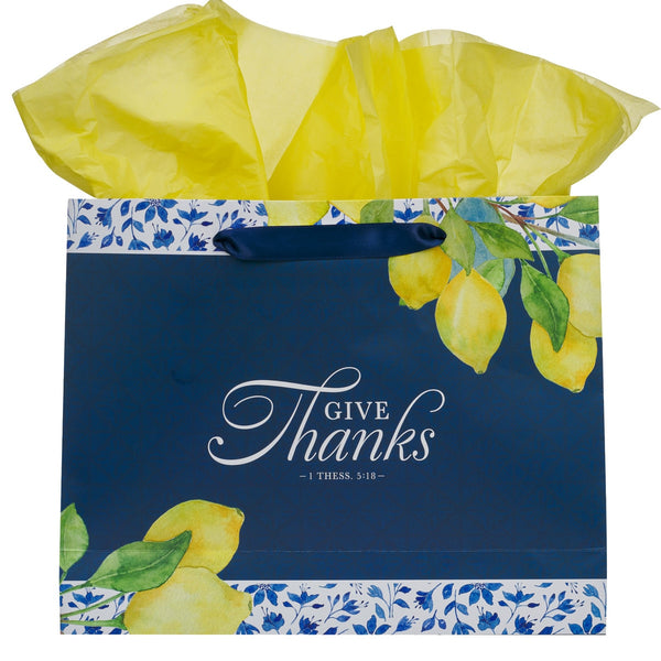 Give Thanks Blue and Yellow Lemon Large Landscape Gift Bag - 1 Thessalonians 5:18