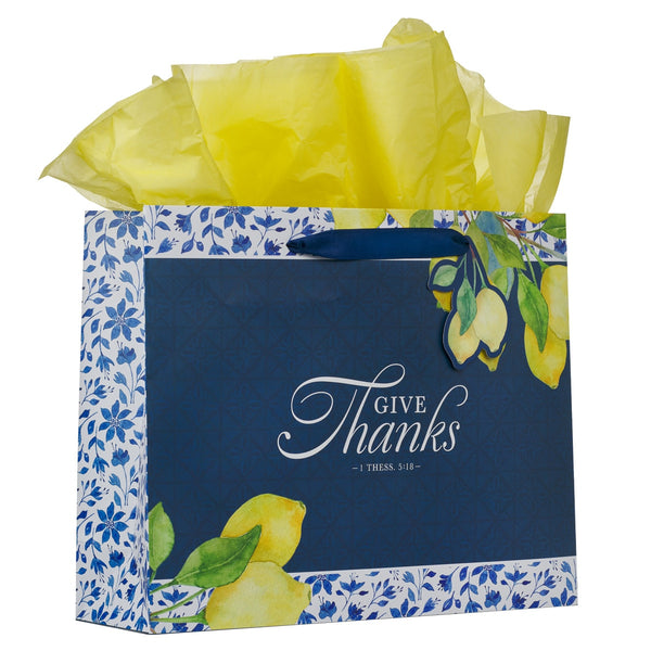 Give Thanks Blue and Yellow Lemon Large Landscape Gift Bag - 1 Thessalonians 5:18