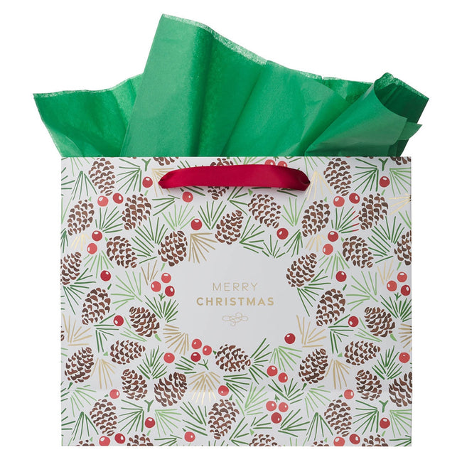 Merry Christmas Pinecone Large Landscape Gift Bag