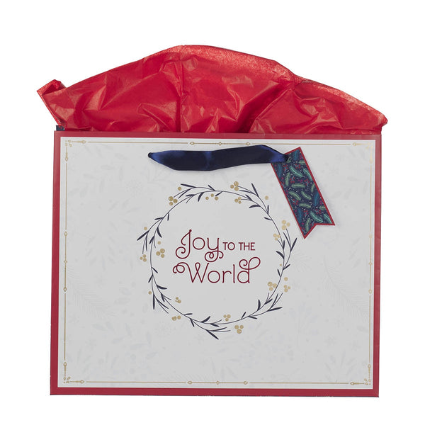 Joy to the World White Wreath Large Landscape Gift Bag - KI Gifts Christian Supplies