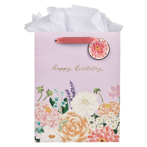 Happy Birthday Lilac Floral Large Portrait Gift Bag - KI Gifts Christian Supplies