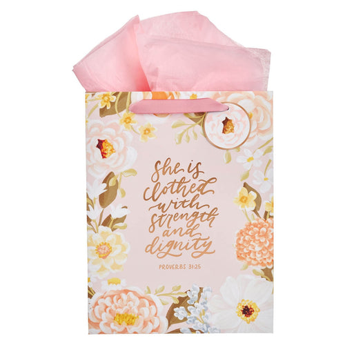 Strength and Dignity Pink Floral Large Portrait Gift Bag - Proverbs 31:25 - KI Gifts Christian Supplies