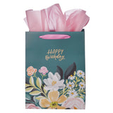 Happy Birthday Teal Floral Large Portrait Gift Bag