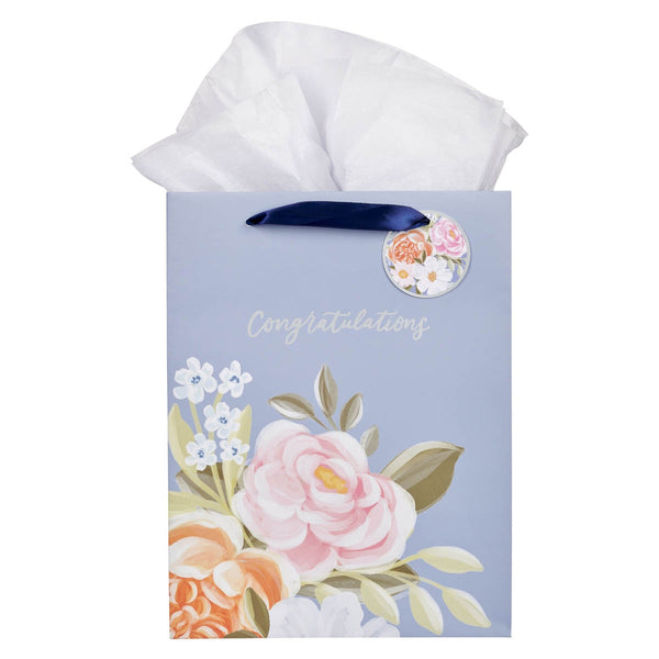 Congratulations Blue Floral Large Portrait Gift Bag - KI Gifts Christian Supplies