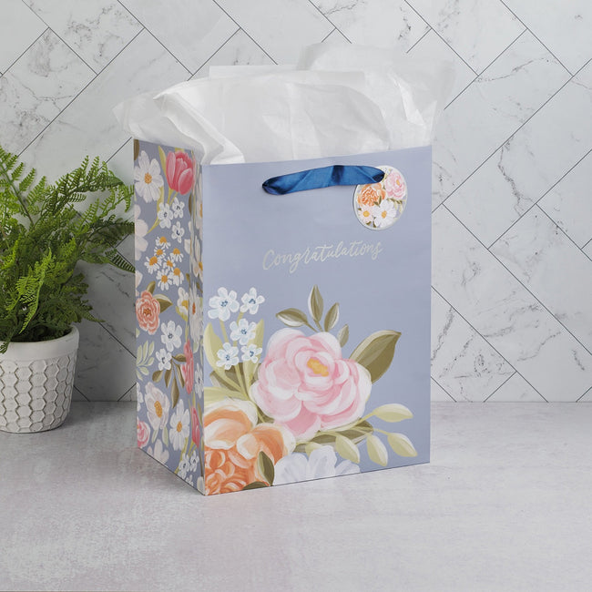 Congratulations Blue Floral Large Portrait Gift Bag