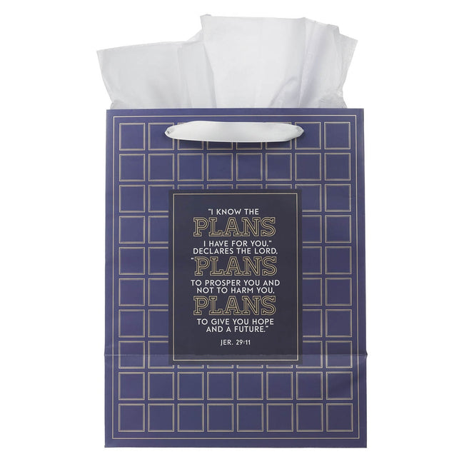The Plans Modern Blue Grid Large Portrait Gift Bag - Jeremiah 29:11