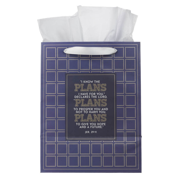 The Plans Modern Blue Grid Large Portrait Gift Bag - Jeremiah 29:11