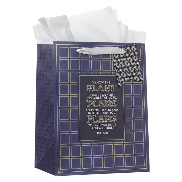 The Plans Modern Blue Grid Large Portrait Gift Bag - Jeremiah 29:11