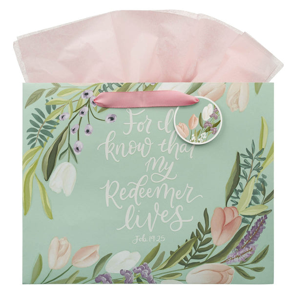 My Redeemer Lives Mint Meadow Large Landscape Gift Bag - Job 19:25 - KI Gifts Christian Supplies