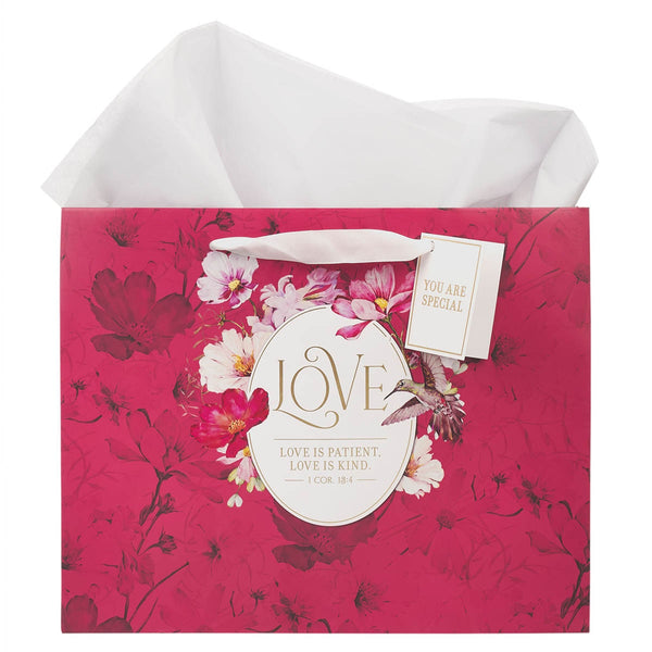 Love Red Hummingbird Large Landscape Gift Bag - 1 Corinthians 13:4 - KI Gifts Christian Supplies