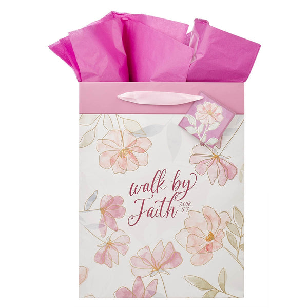 Walk by Faith Pink Cosmos Large Portrait Gift Bag - 2 Corinthians 5:7 - KI Gifts Christian Supplies