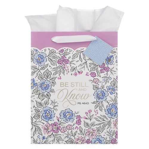 Be Still and Know Blue Floral Large Portrait Gift Bag - Psalm 46:10