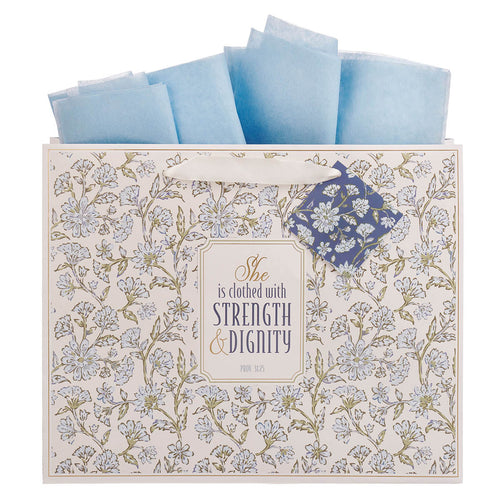 Strength and Dignity Blue Cottage Garden Large Landscape Gift Bag - Proverbs 31:25