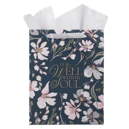 Be Still and Know Blue Floral Large Portrait Gift Bag - Psalm 46:10
