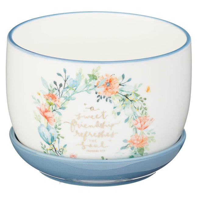Sweet Friendship Bright Floral Wreath Ceramic Planter with Saucer - Proverbs 27:9