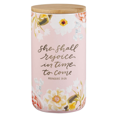 She Shall Rejoice Ceramic Gratitude Jar - Proverbs 31:25 - KI Gifts Christian Supplies