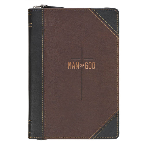 Man of God Espresso Brown and Walnut Faux Leather Classic Journal with Zipper Closure - 1 Timothy 6:11 - KI Gifts Christian Supplies