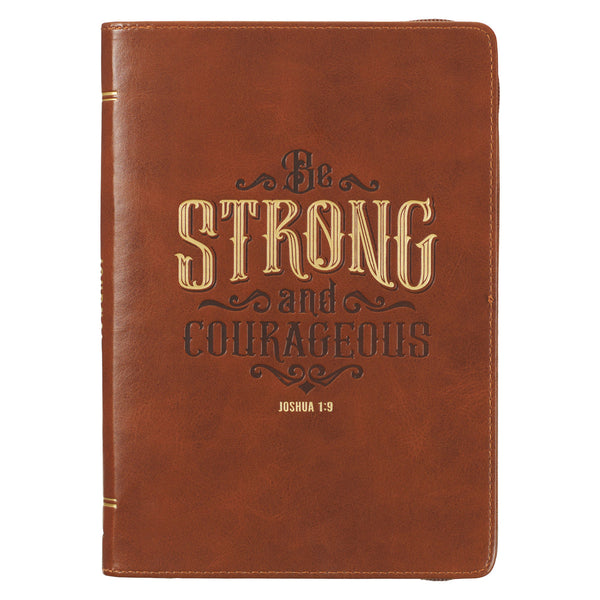 Strong and Courageous Honey-brown Faux Leather Journal with Zipper Closure - Joshua 1:9