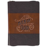 Man of God Honey-brown and Espresso Faux Leather Journal with Zipper Closure - 1 Timothy 6:11 - KI Gifts Christian Supplies