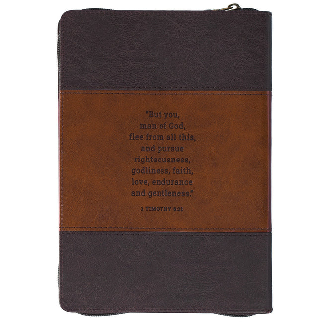 Man of God Honey-brown and Espresso Faux Leather Journal with Zipper Closure - 1 Timothy 6:11