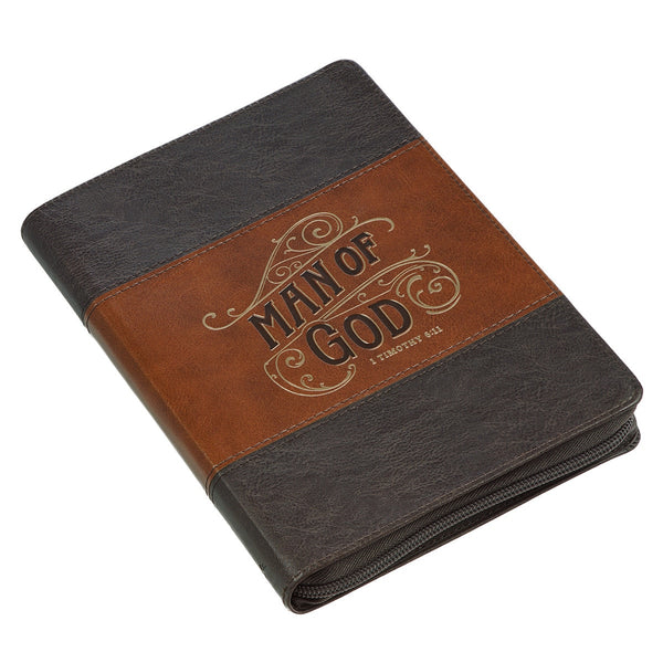 Man of God Honey-brown and Espresso Faux Leather Journal with Zipper Closure - 1 Timothy 6:11