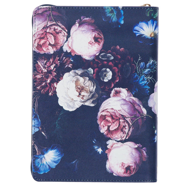 Be Still and Know Midnight Blue Floral Faux Leather Classic Journal with Zipper Closure - Psalm 46:10