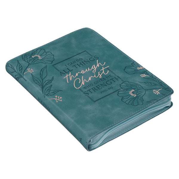 Through Christ Teal Faux Leather Journal with Zippered Closure - Philippians 4:13