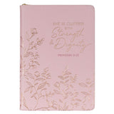 Strength and Dignity Pink Faux Leather Journal with Zippered Closure - Proverbs 31:25 - KI Gifts Christian Supplies