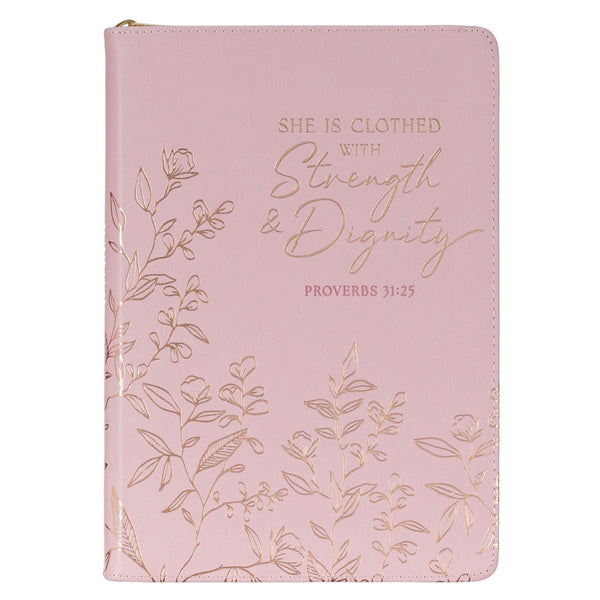 Strength and Dignity Pink Faux Leather Journal with Zippered Closure - Proverbs 31:25 - KI Gifts Christian Supplies