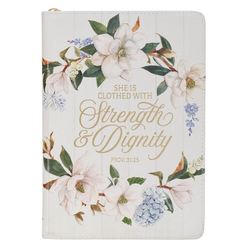 Strength and Dignity Blush Magnolia Faux Leather Journal - Proverbs 31:25 - KI Gifts Christian Supplies