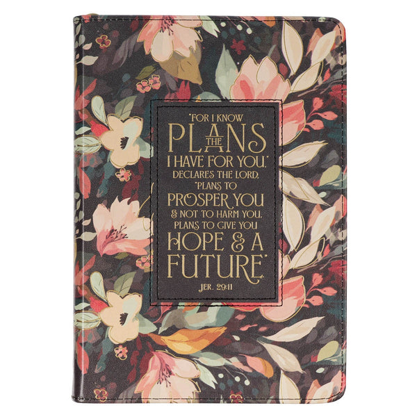 Hope and a Future Midnight Botanical Faux Leather Journal with Zipper Closure - Jeremiah 29:11 - KI Gifts Christian Supplies