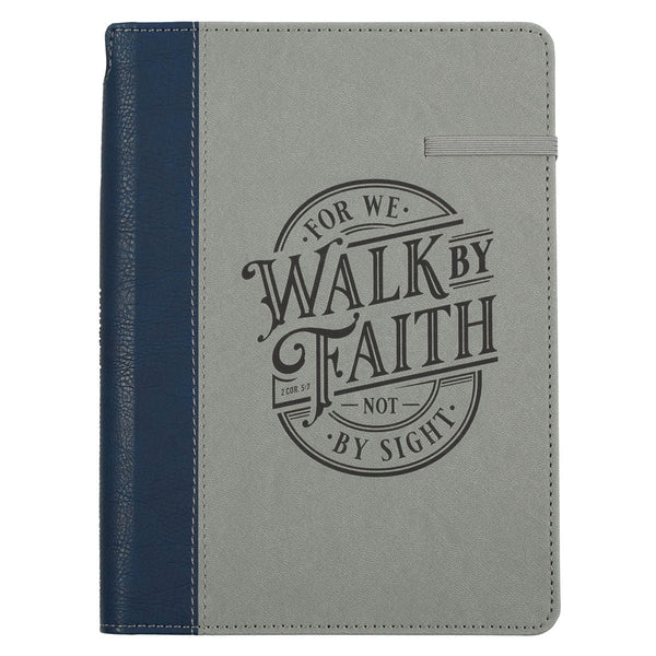 Walk By Faith Navy and Gray Classic Journal with Elastic Closure and Pen Holder - 2 Corinthians 5:7 - KI Gifts Christian Supplies