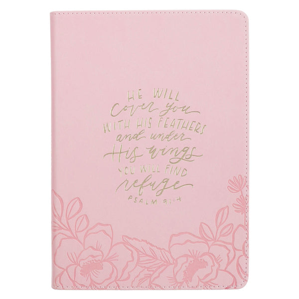 Under His Wings Pink Faux Leather Classic Journal with Zipper Closure - Psalm 91:4 - KI Gifts Christian Supplies