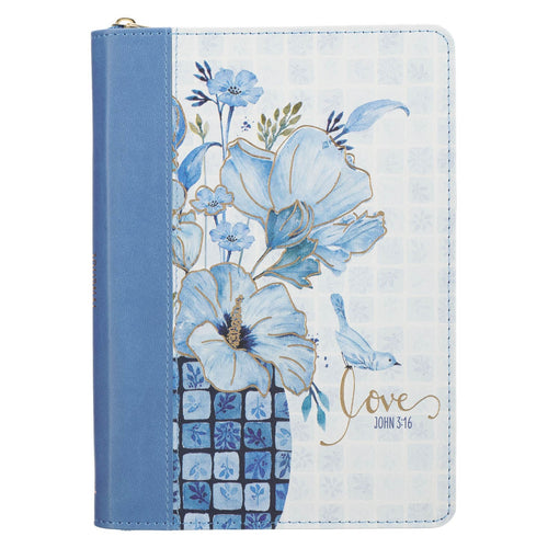 Love Blue Floral Tile Faux Leather Journal with Zipper Closure - John 3:16 - KI Gifts Christian Supplies