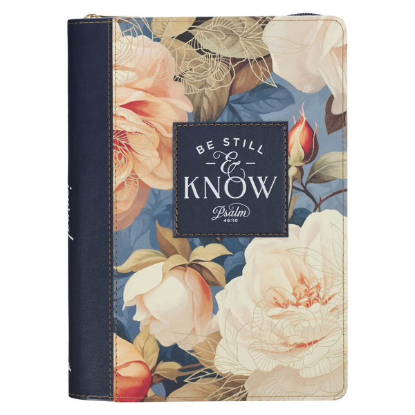 Be Still and Know Serene Roses Faux Leather Journal with Zipper Closure - Psalm 46:10 - KI Gifts Christian Supplies