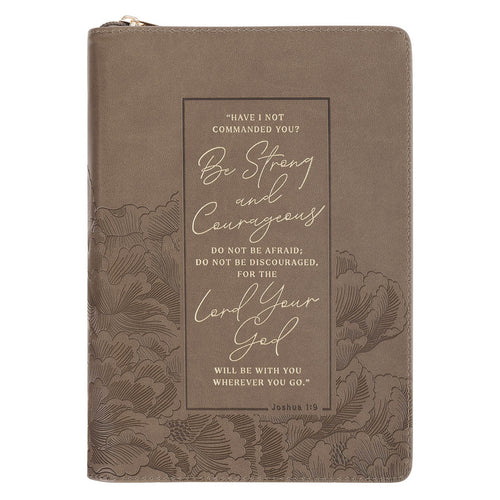 Be Strong and Courageous Ash-brown Faux Leather Journal with Zipper Closure - Joshua 1:9 - KI Gifts Christian Supplies