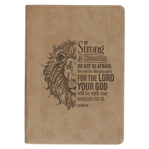 Be Strong and Courageous Lion Tan Faux Leather Journal with Zipper Closure - Joshua 1:9 - KI Gifts Christian Supplies